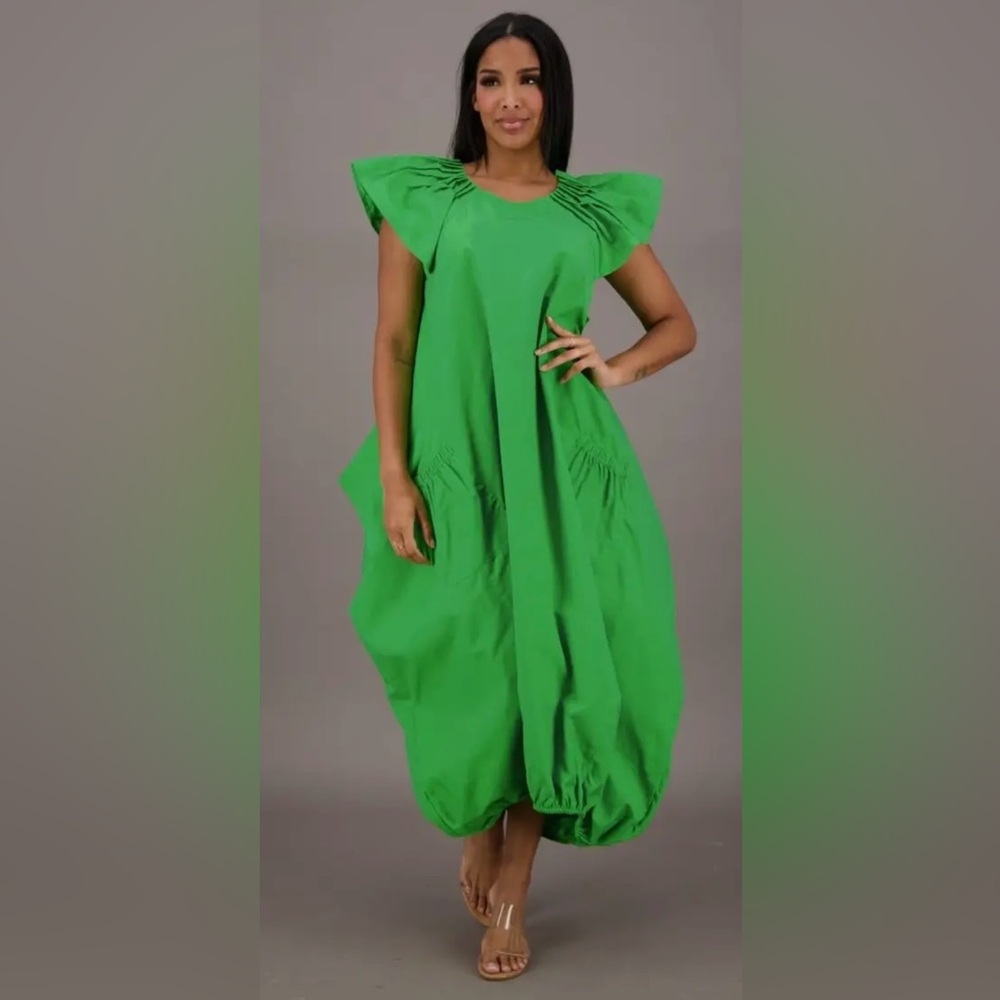 Advance Apparels Green Flutter Sleeve Midi Dress